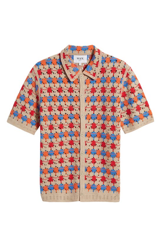 Shop Wax London Porto Crochet Short Sleeve Button-up Shirt In Beige Multi