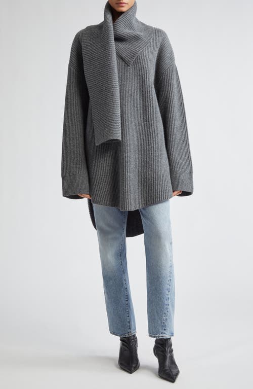 Shop Totême Toteme Draped Scarf Oversize Funnel Neck Wool Rib Sweater In Dark Grey Melange