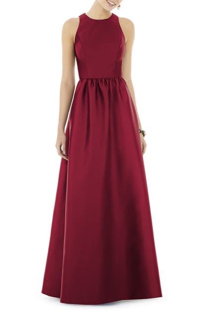 Alfred Sung Satin A-line Gown In Burgundy