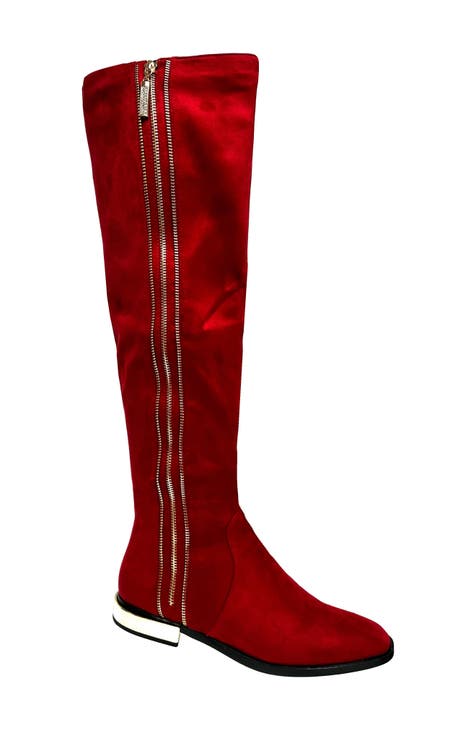 Flat red knee high on sale boots