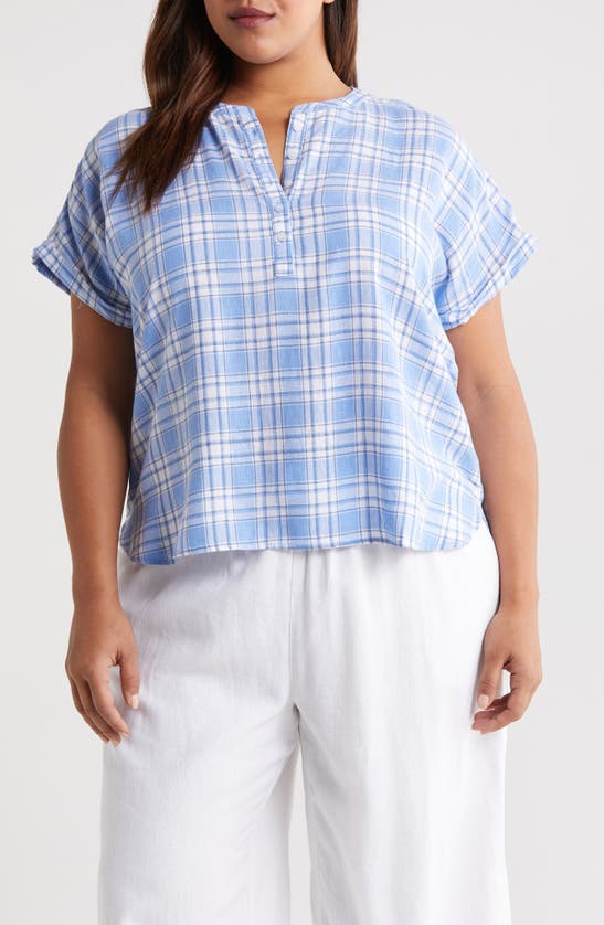 Shop Caslon Short Sleeve Linen Blend Popover Top In Blue C- White Sutton Plaid