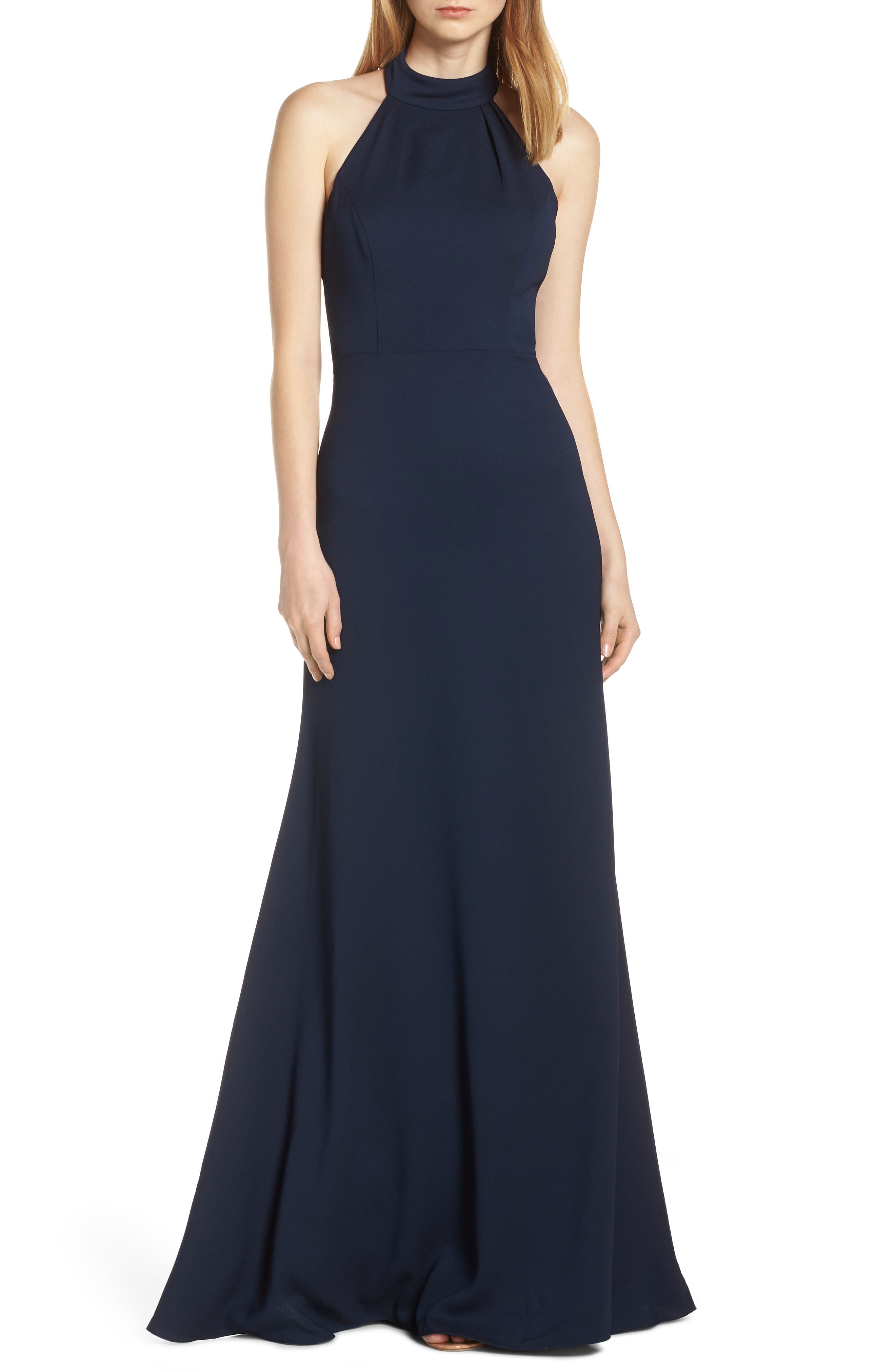 Hayley Paige Occasions Mock Neck Strappy Back Crepe Evening Dress, Blue