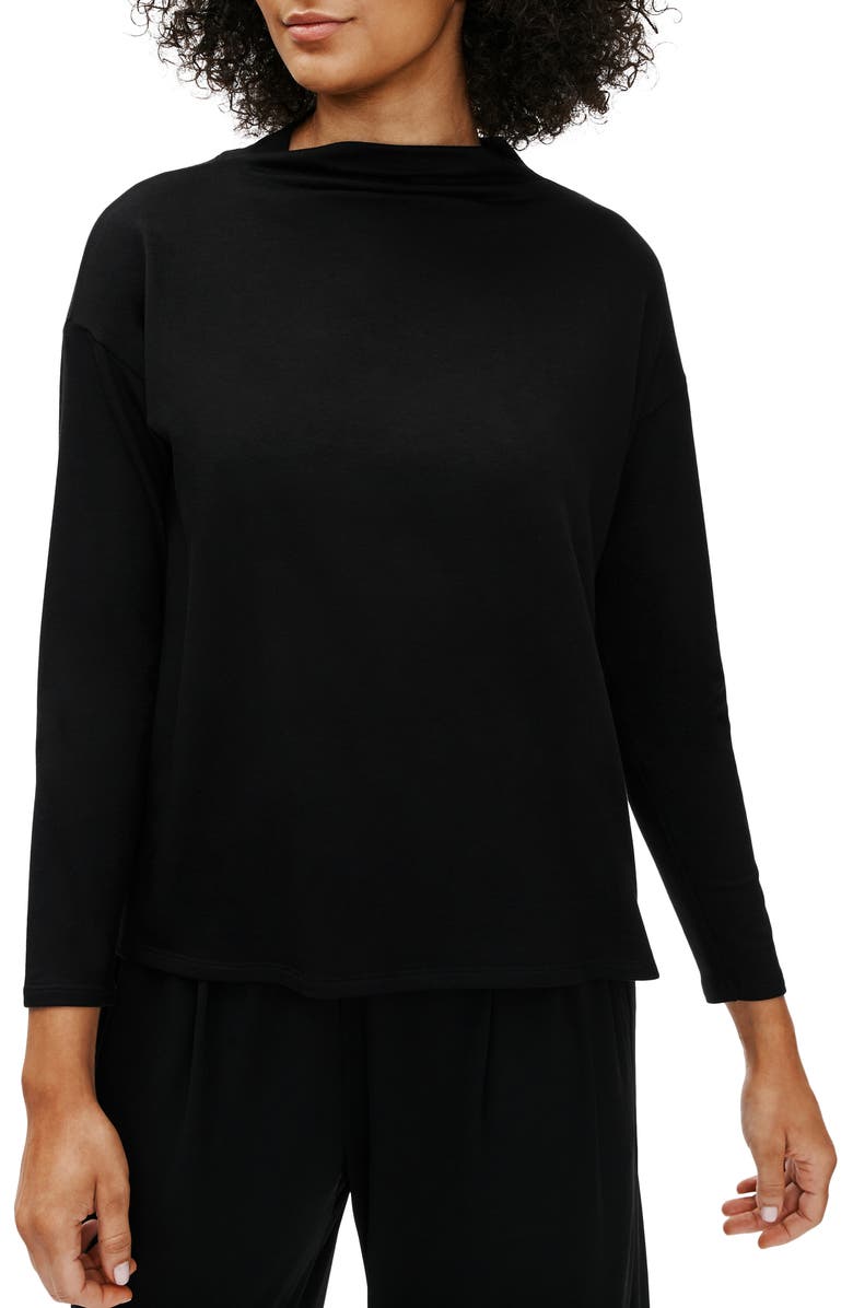 EILEEN FISHER Stretch Terry Funnel Neck Box Top, Main, color, 001