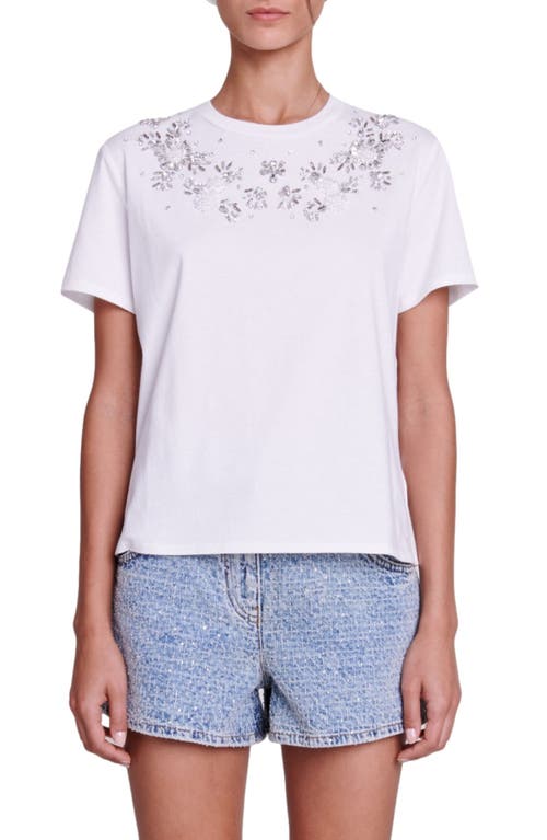 maje Floral Rhinestone Cotton T-Shirt in White at Nordstrom, Size 0