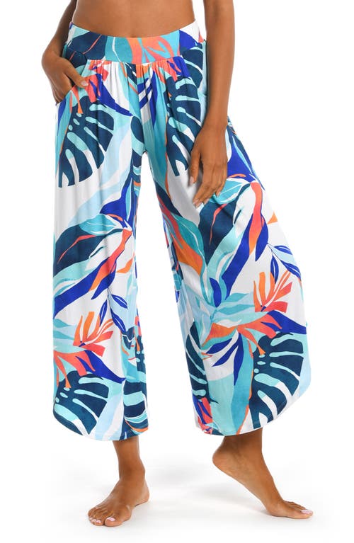 Coastal Palms Knit Cover-Up Palazzo Pants in Ice Blue