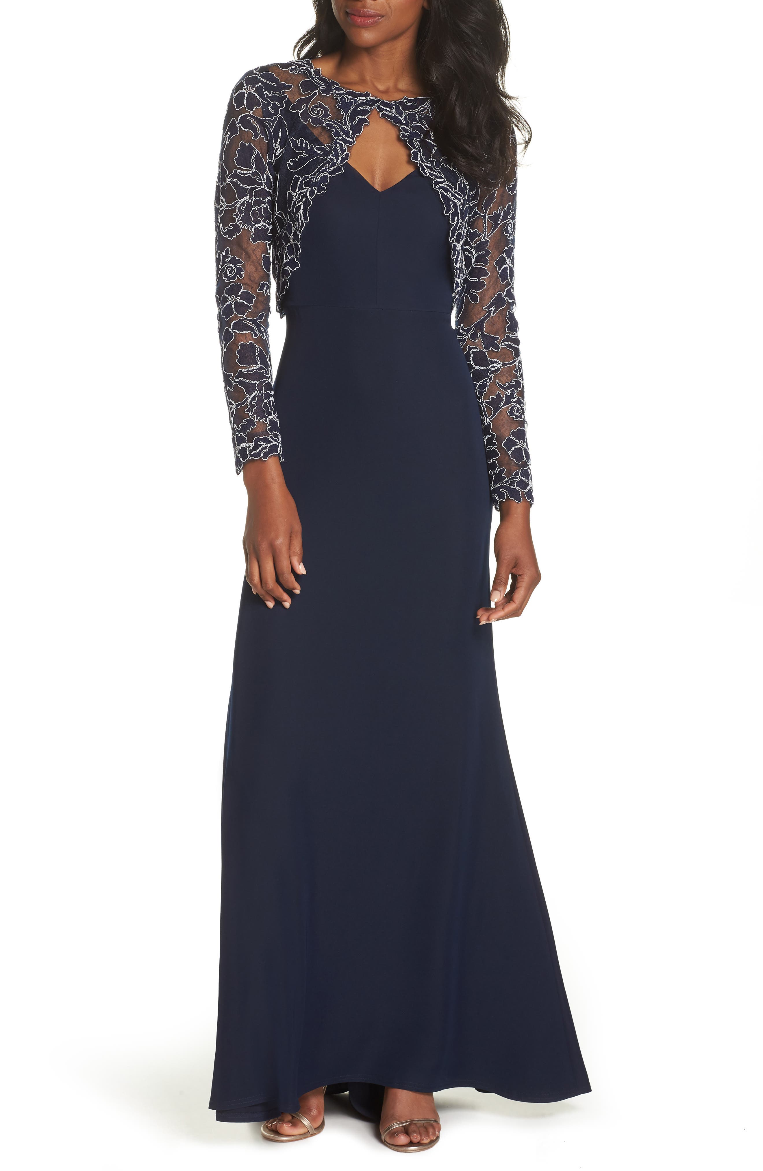 Tadashi Shoji Crepe & Embroidered Lace Gown, Blue