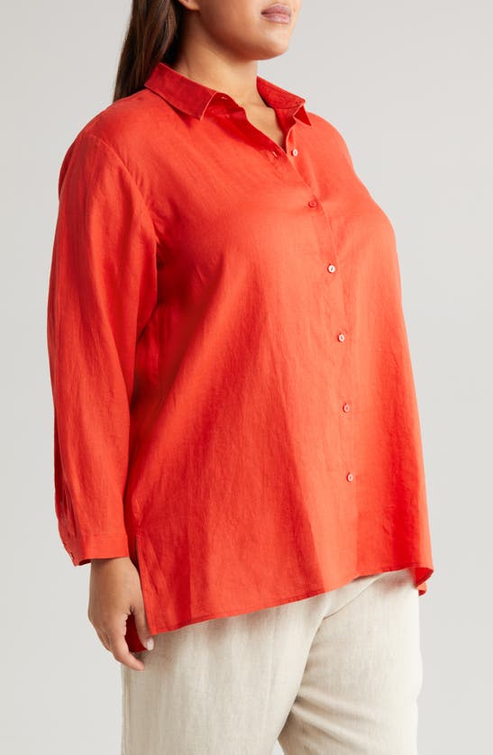 Shop Eileen Fisher Classic Easy Organic Linen Button-up Shirt In Flame