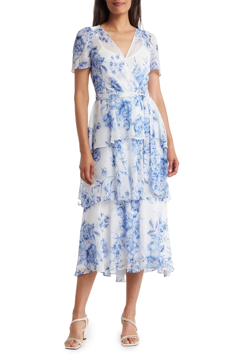 Calvin Klein Floral Short Sleeve Tiered Chiffon Maxi Dress | Nordstromrack