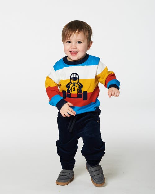 Shop Deux Par Deux Little Boy's Multicolor Striped Sweater With Karting Jacquard In Peacoat