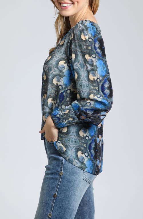 Apny Printed Smocked Cuff Top In Blue Multi