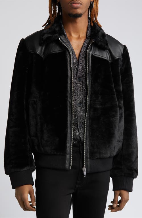 Faux Fur & Faux Leather Harrington Jacket in Black