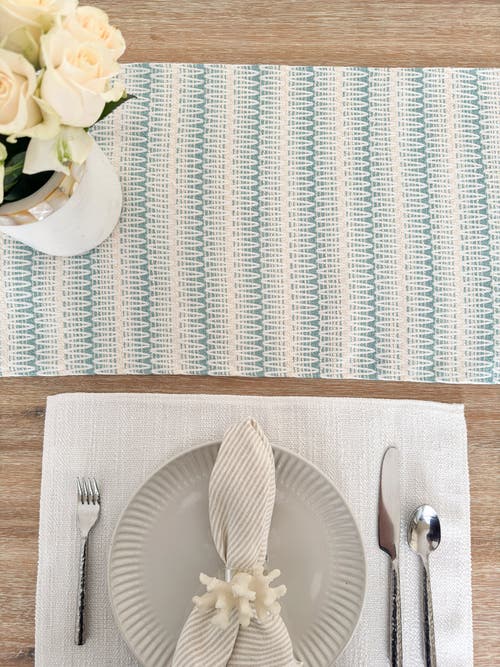 Anaya Summer Twist Indoor Outdoor Table Runner In Aqua Blue