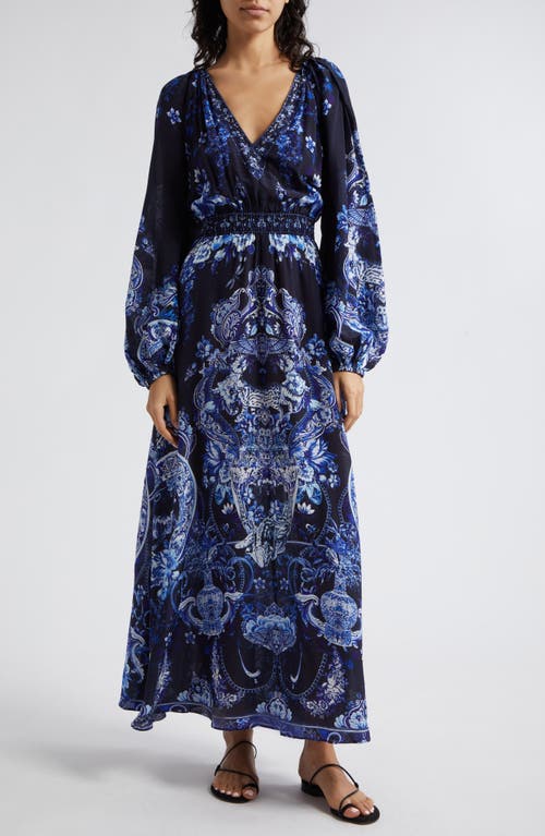 Camilla Delft Dynasty Shirred Waist Long Sleeve Silk Maxi Dress at Nordstrom, Size X-Small
