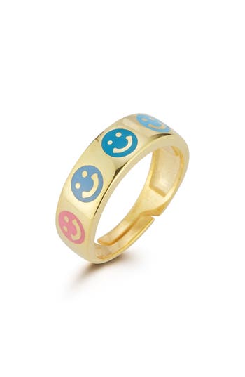 Sphera Milano 14k Gold Plated Adjustable Enamel Smiley Face Ring In Gold