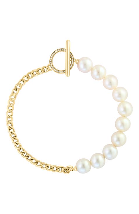 14K Gold Diamond & Freshwater Pearl Bracelet - 0.1ct.