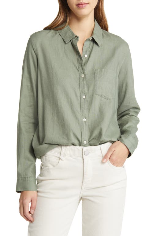 caslon(r) Casual Linen Blend Button-Up Shirt in Green Dune