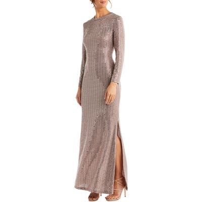 Morgan & Co. Long Sleeve Sequin Knit Gown, Beige