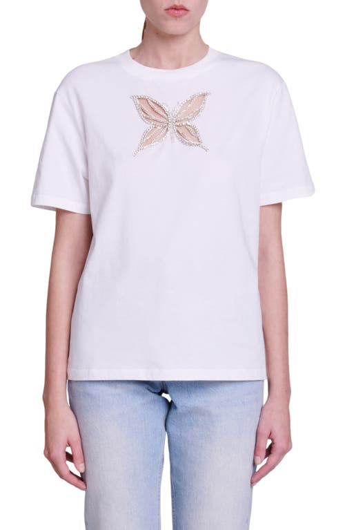 maje Tillon Crystal Butterfly Cutout T-Shirt in White at Nordstrom, Size 0