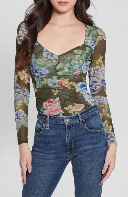 GUESS Reyla Floral Mesh Top Green at Nordstrom,