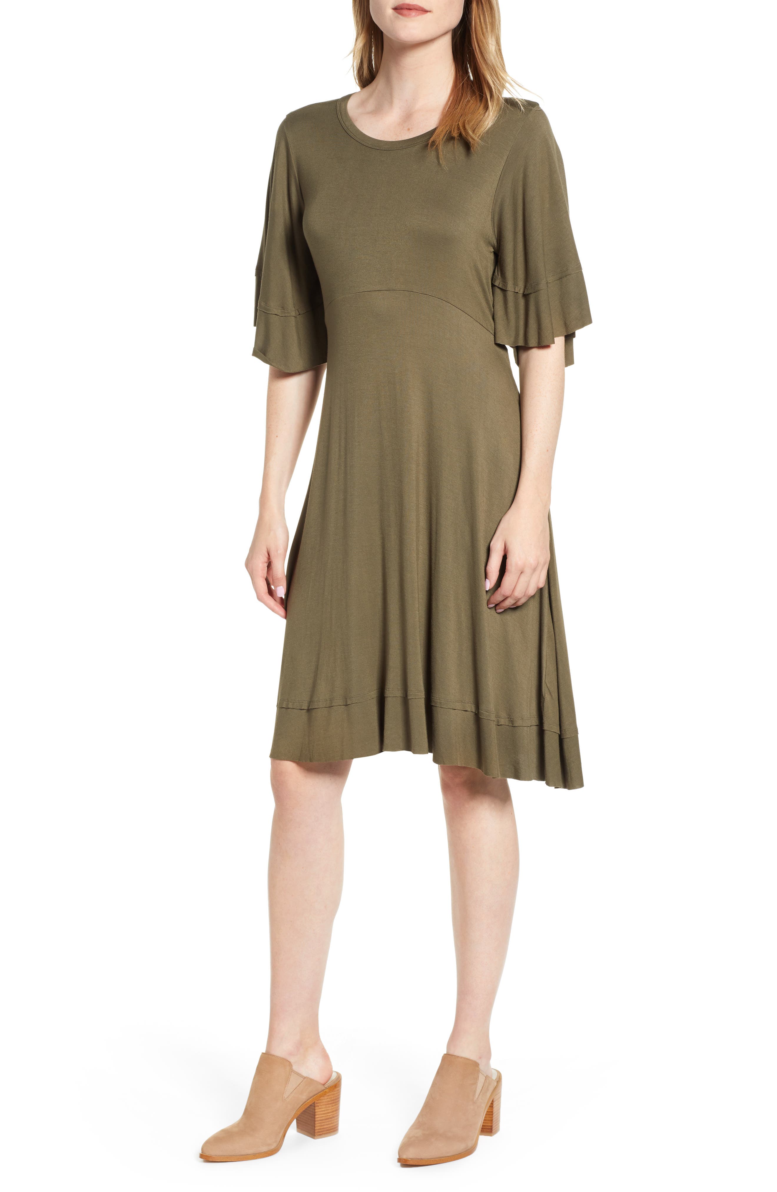 Lucky Brand Ruffle Sleeve Tie Back Dress, Green