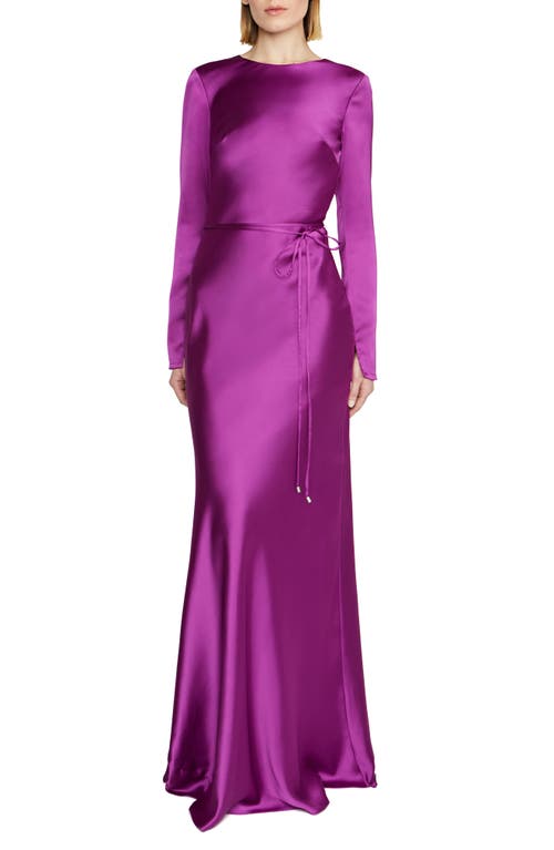 Shop ml Monique Lhuillier Marie Tie Waist Long Sleeve Satin A-line Gown In Mulberry