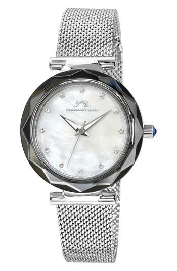PORSAMO BLEU PORSAMO BLEU HAZEL WHITE TOPAZ MOTHER OF PEARL DIAL 3-HAND QUARTZ MESH STRAP WATCH, 33MM 