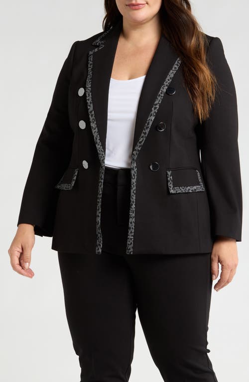 Shop Anne Klein Leopard Trim Faux Double Breasted Blazer In Anne Black Multi