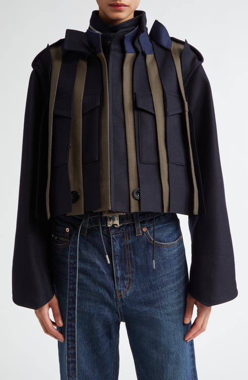 Shop Sacai Pinstripe Melton Wool Crop Military Jacket In Dark Khaki/navy