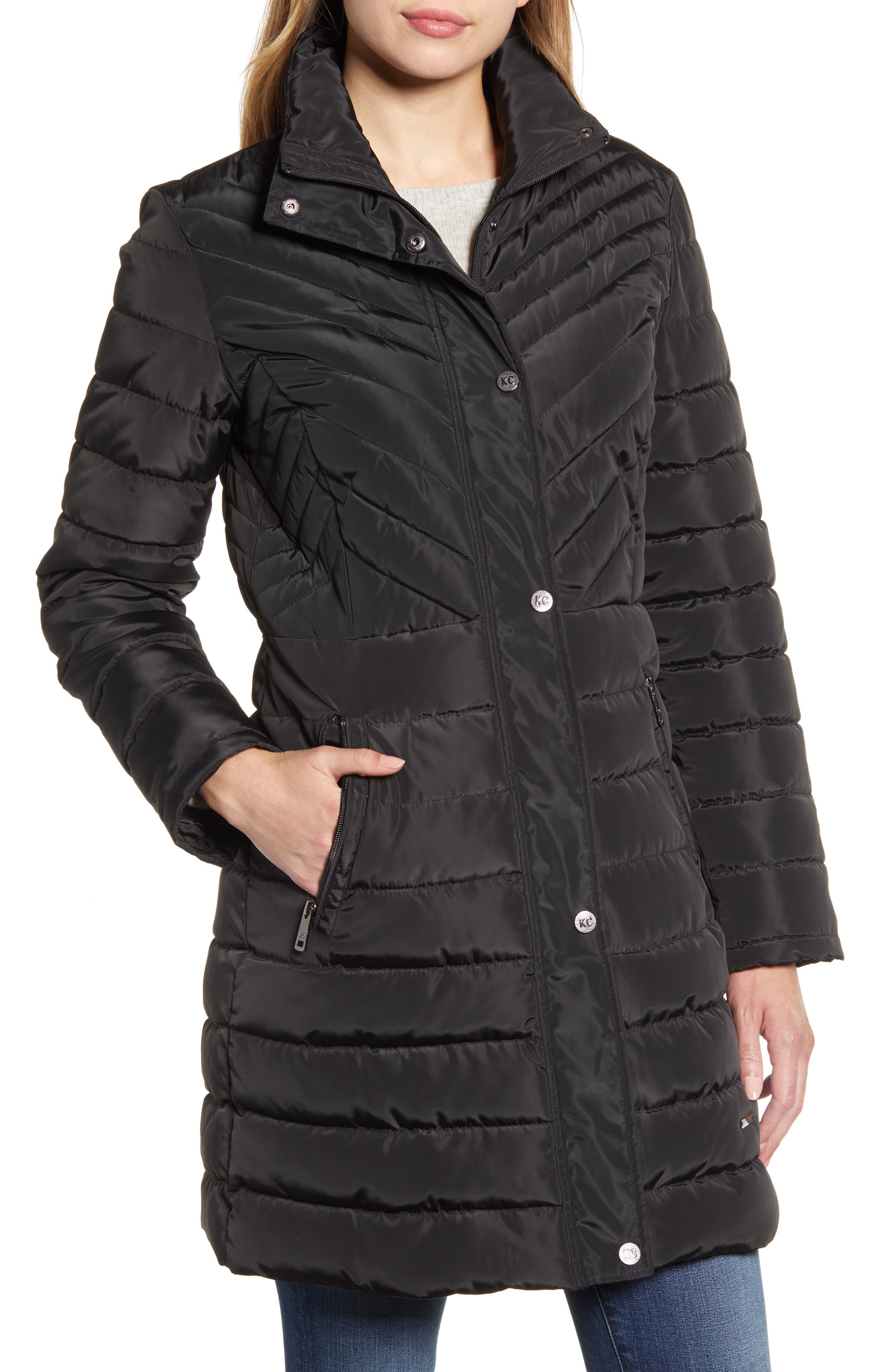 Kenneth Cole New York | Faux Fur Trimmed Removable Hooded Satin Quilted ...