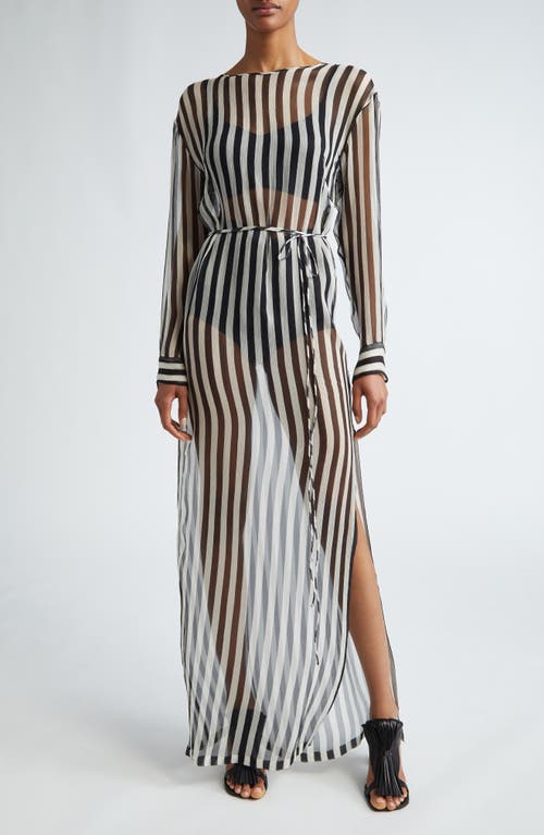 Dries Van Noten Stripe Long Sleeve Sheer Silk Maxi Dress Black 900 at Nordstrom, Us