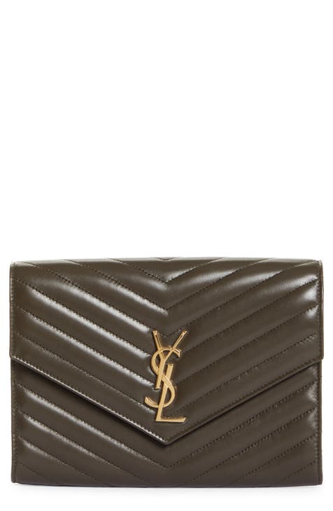 Neutral Chain-strap YSL-plaque grained-leather clutch bag, Saint Laurent
