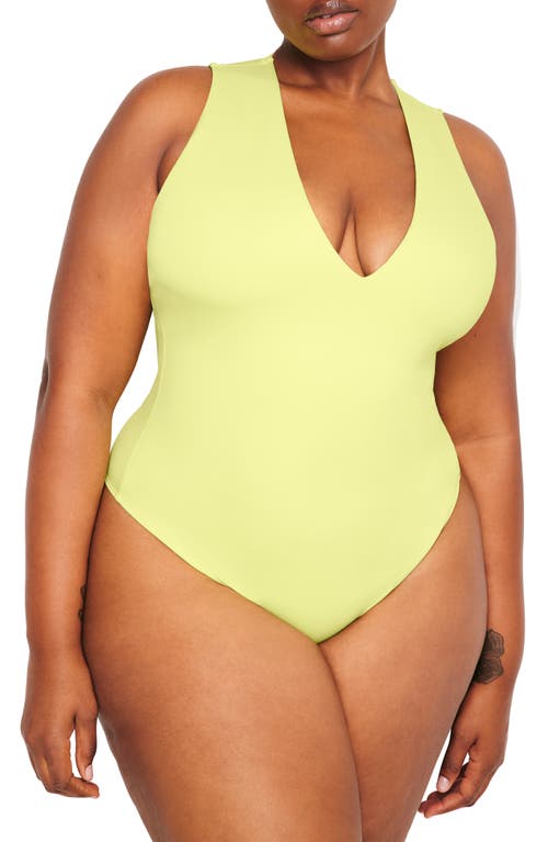 Shop Good American Deep V-neck Scuba Knit Thong Bodysuit In Palo Verde002