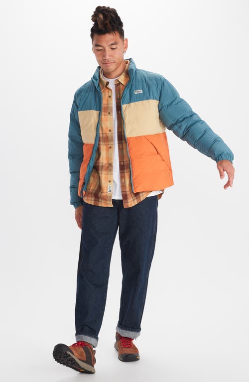 Marmot Ares Packable Recycled Nylon 700 Fill Power Down Puffer Jacket In Moon River/light Oak/tangelo