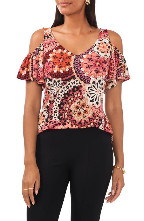 Shop Chaus Floral Cold Shoulder Flutter Sleeve Knit Blouse In Black/berry/mauve