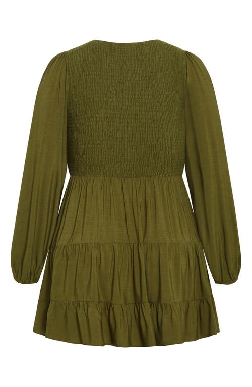 Shop City Chic Jemma Smocked Bodice Long Sleeve Dress In Dark Olive