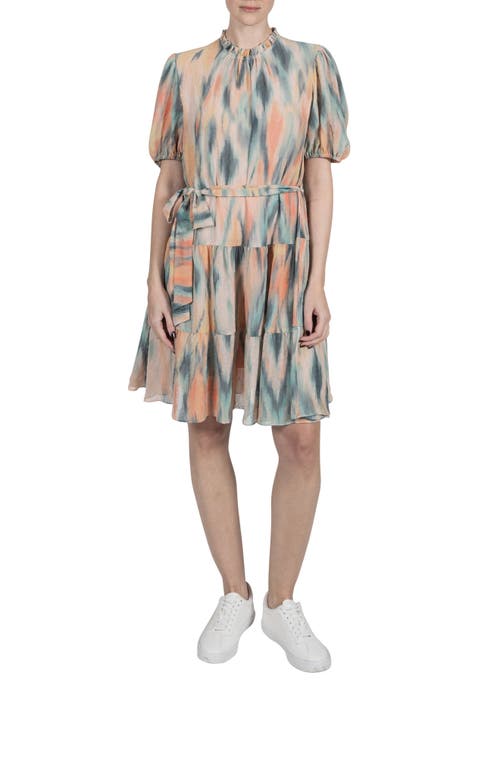 Abstract Print Crinkle Chiffon Shift Dress in Beige Multi