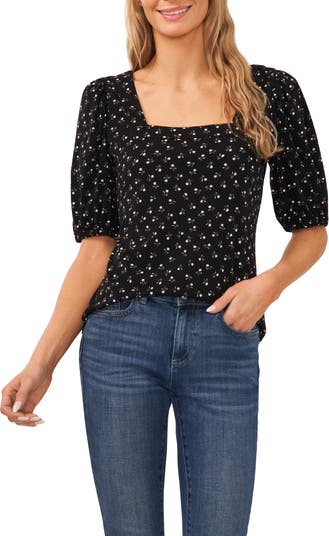 Lucky Brand Embroidered Knit Square Neck Short Puffed Sleeve Flutter Top