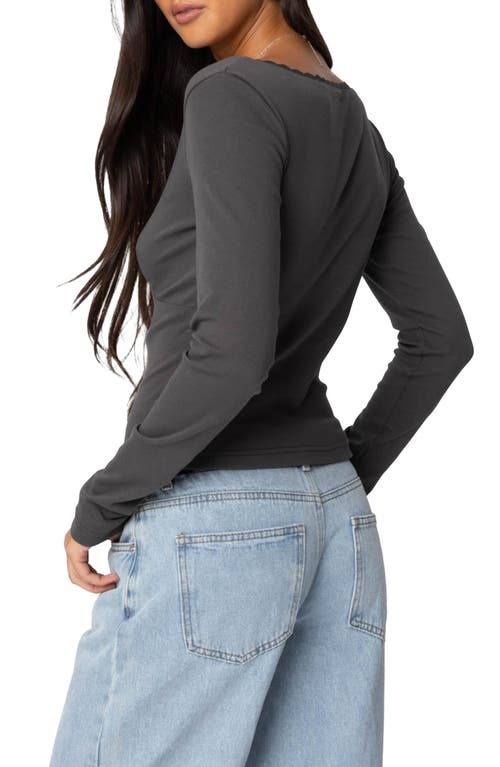 Edikted Adrienne Lace Trim Long Sleeve Jersey Top In Dark-gray