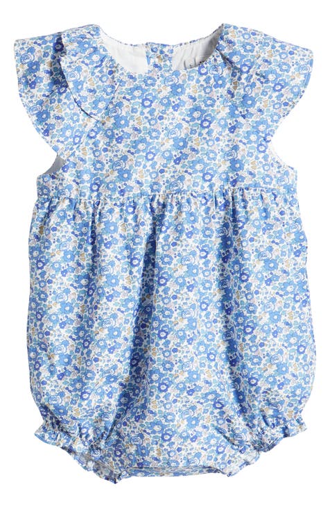 Petit Bebe Baby Girls Blue LIberty Floral Smocked Bishop Romper