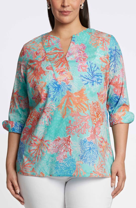 Shop Foxcroft Vena Coral Print Cotton Tunic Shirt In Blue Multi