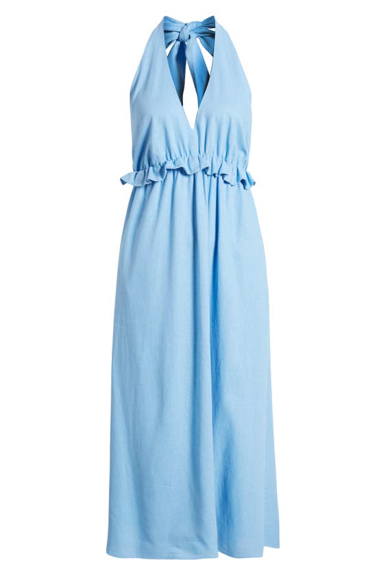 Shop Charles Henry Ruffle Halter Linen Blend Midi Dress In Denim Blue