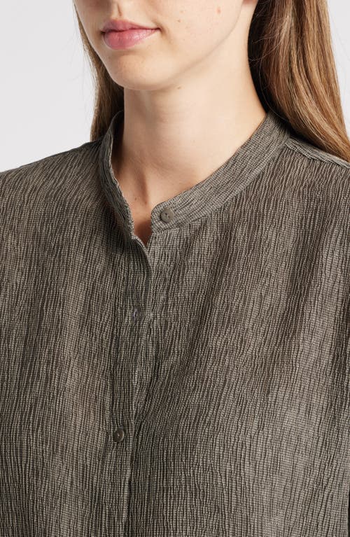 Shop Eileen Fisher Crinkled Band Collar Button-up Shirt In Taupe