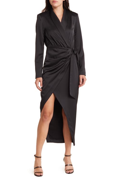 Acco Long Sleeve Satin Faux Wrap Dress in Black