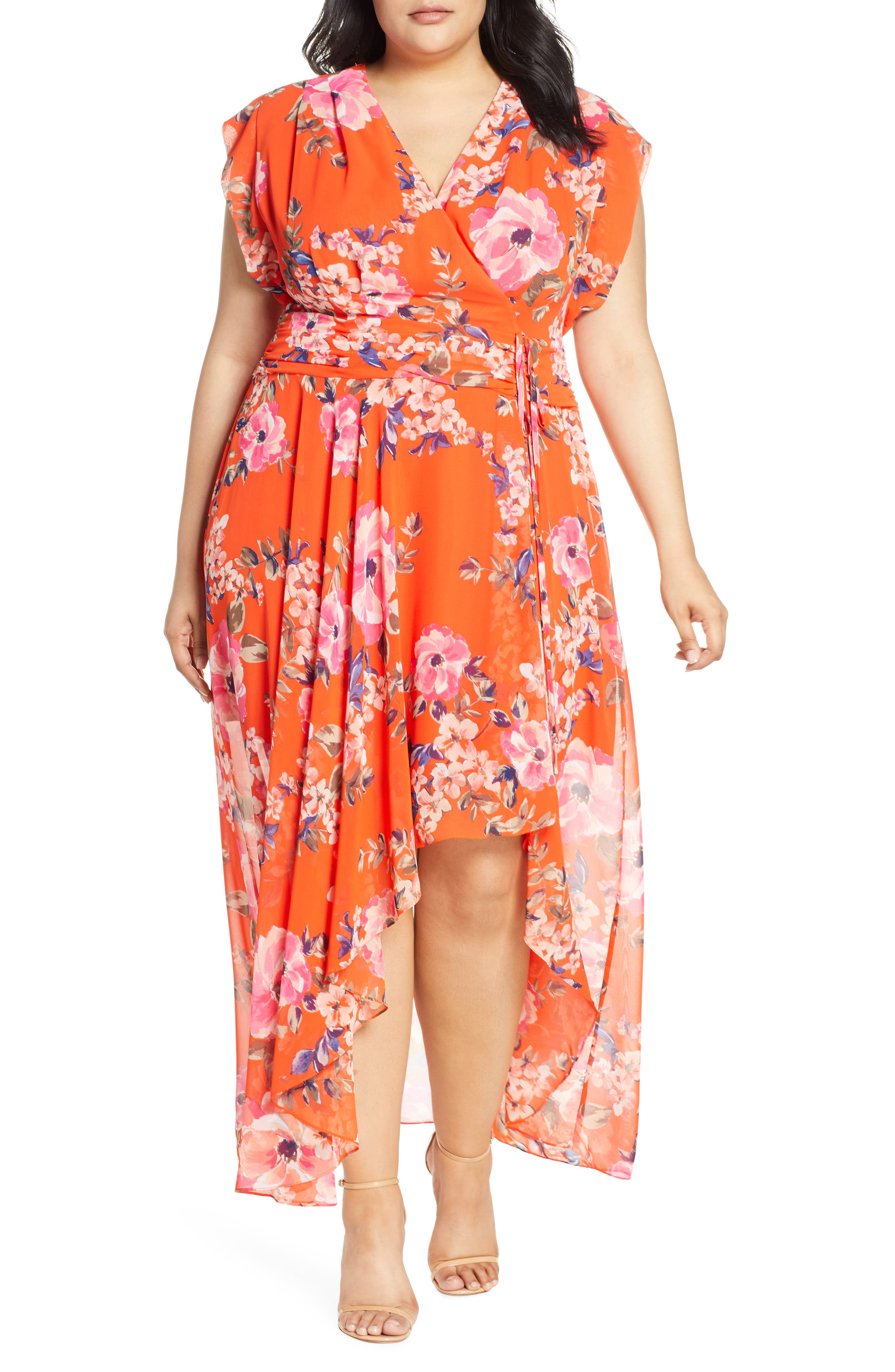 Plus Size Eliza J Floral Print Chiffon High/low Dress, Orange