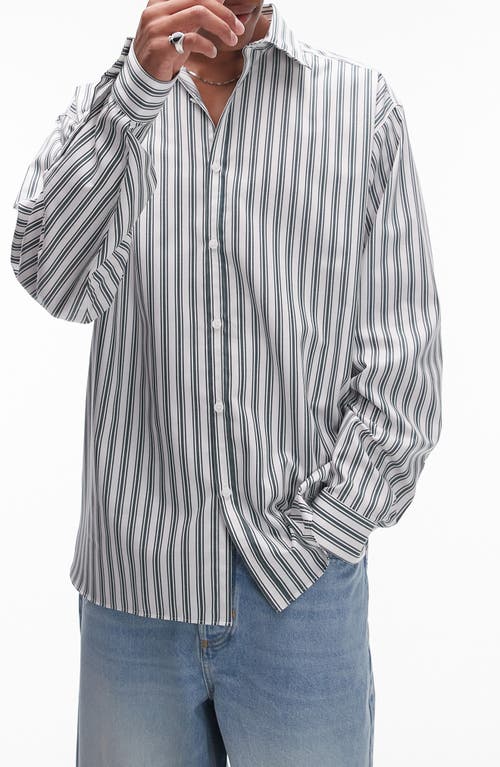 Topman Oversize Stripe Cotton Herringbone Button-up Shirt In White/green Stripe