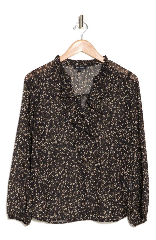 Shop Pleione Ruffle Long Sleeve Button Front Blouse In Black Taupe Ditsy Floral