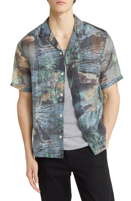 AllSaints Aquila Relaxed Fit Tropical Print Short Sleeve Button-Up Shirt in Black Multi at Nordstrom, Size Small