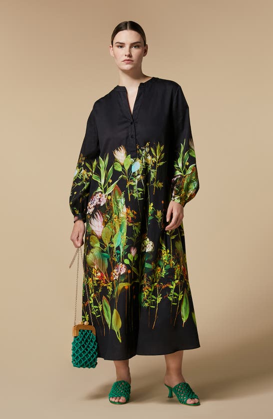 Shop Marina Rinaldi Garbata Floral Long Sleeve Satin Dress In Black