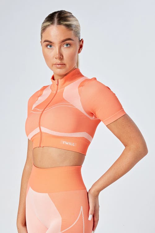 Shop Twill Active Recycled Color Block Zip-up Crop Top In Coral