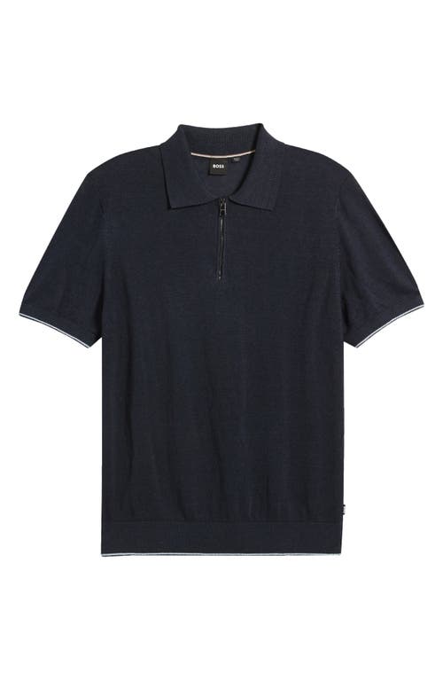 Shop Hugo Boss Boss Trieste Linen Blend Zip Polo In Dark Blue